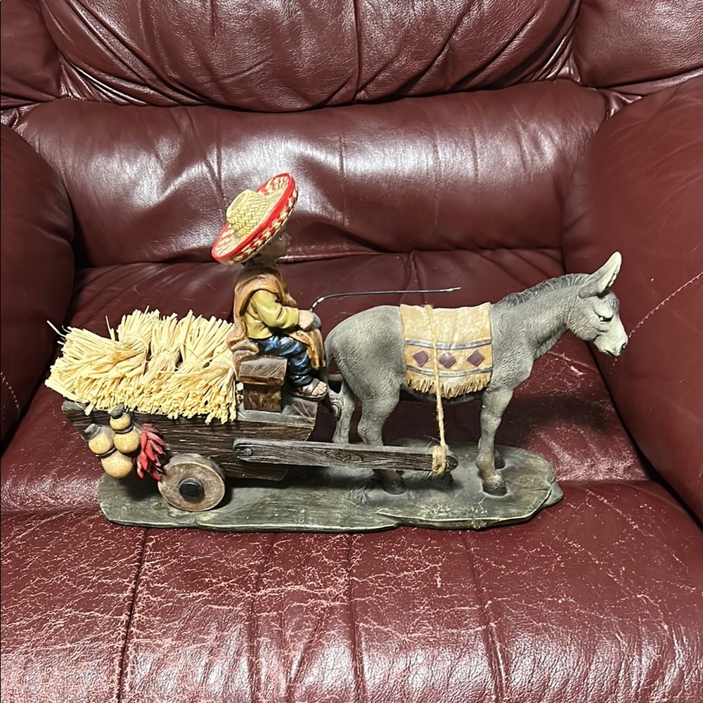 Donkey Cart Figurine with Straw and Sombrero